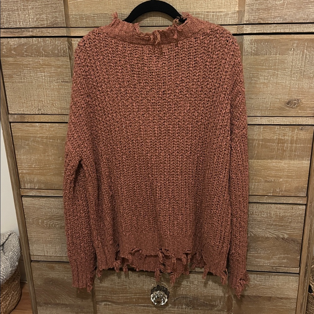 Miracle Rust V-Neck Distressed Sweater - Picture 4 of 5